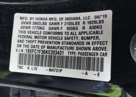 2019 Honda Civic Ex from USA, damaged, VIN 19XFC1F36KE203431